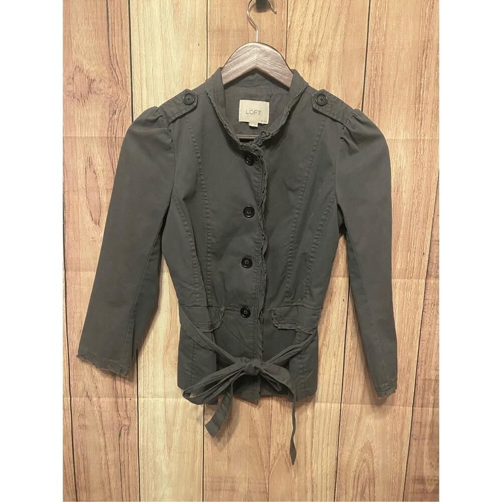 Loft size 0 Petite Utility Jacket Blazer Belted Pockets Ruffle Gray